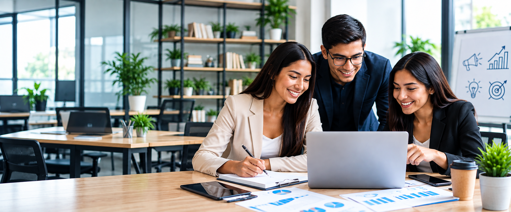 Profesionales de Marketing Digital colaborando en una oficina moderna