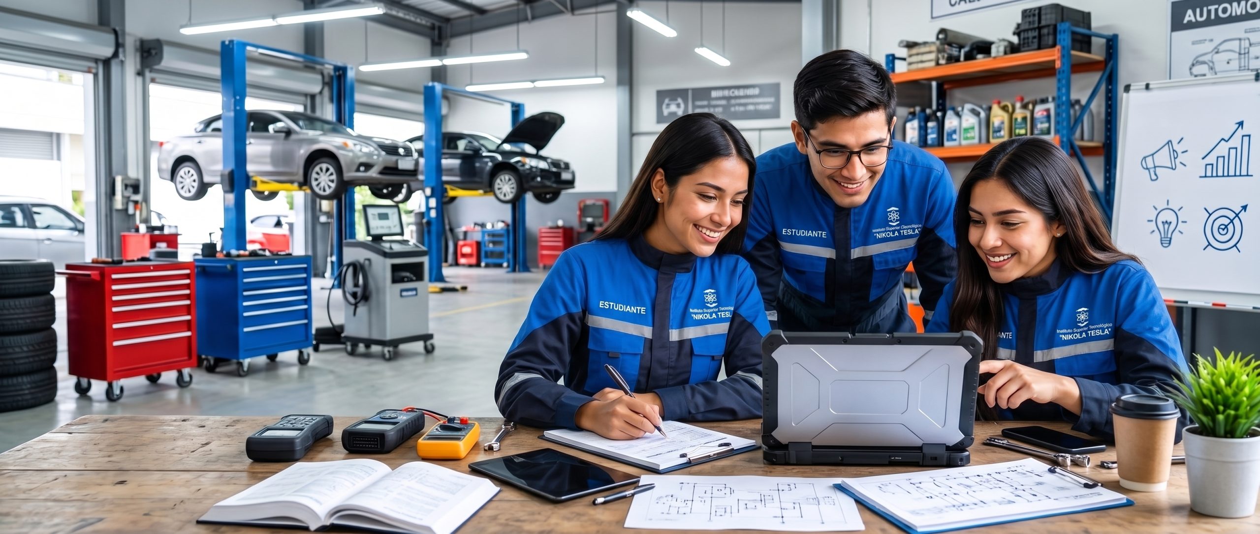 Estudiantes de Mecánica Automotriz del IST Nikola Tesla en el taller